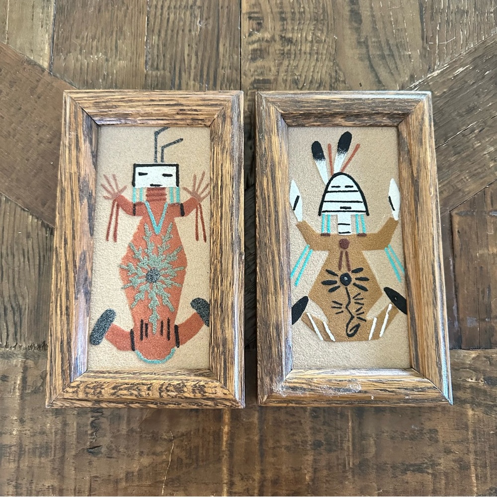 Set of 2 Framed Vintage Tourist Navajo Sand Painting Art 7.25x4.25” (1980s)